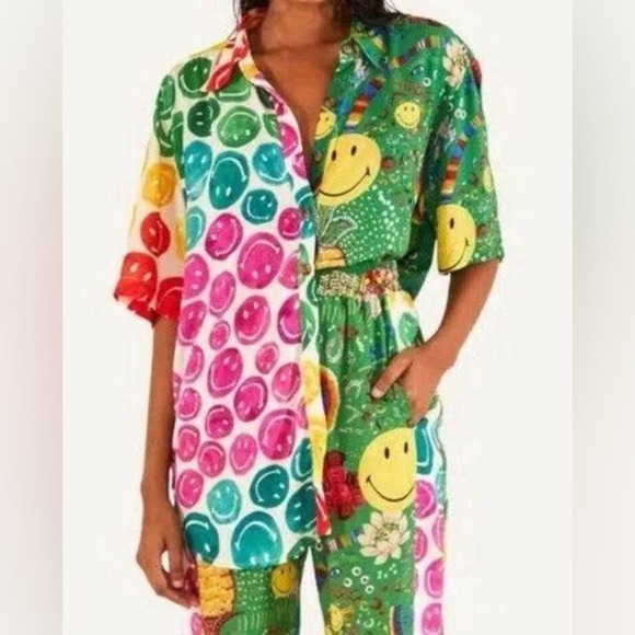 Farm Tops - Farm Rio Mixed Print Smiley Colorful Short Sleeve Button Down Top Medium